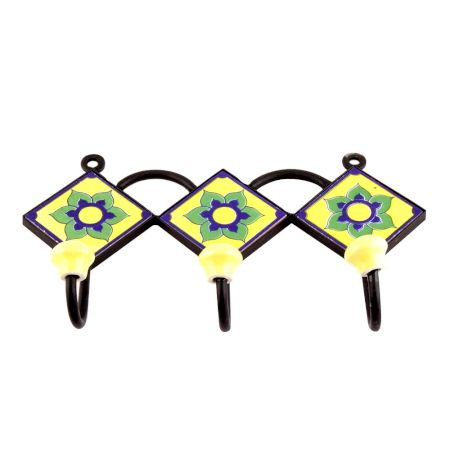 Yellow Navy Blue Floral Tiles Hooks